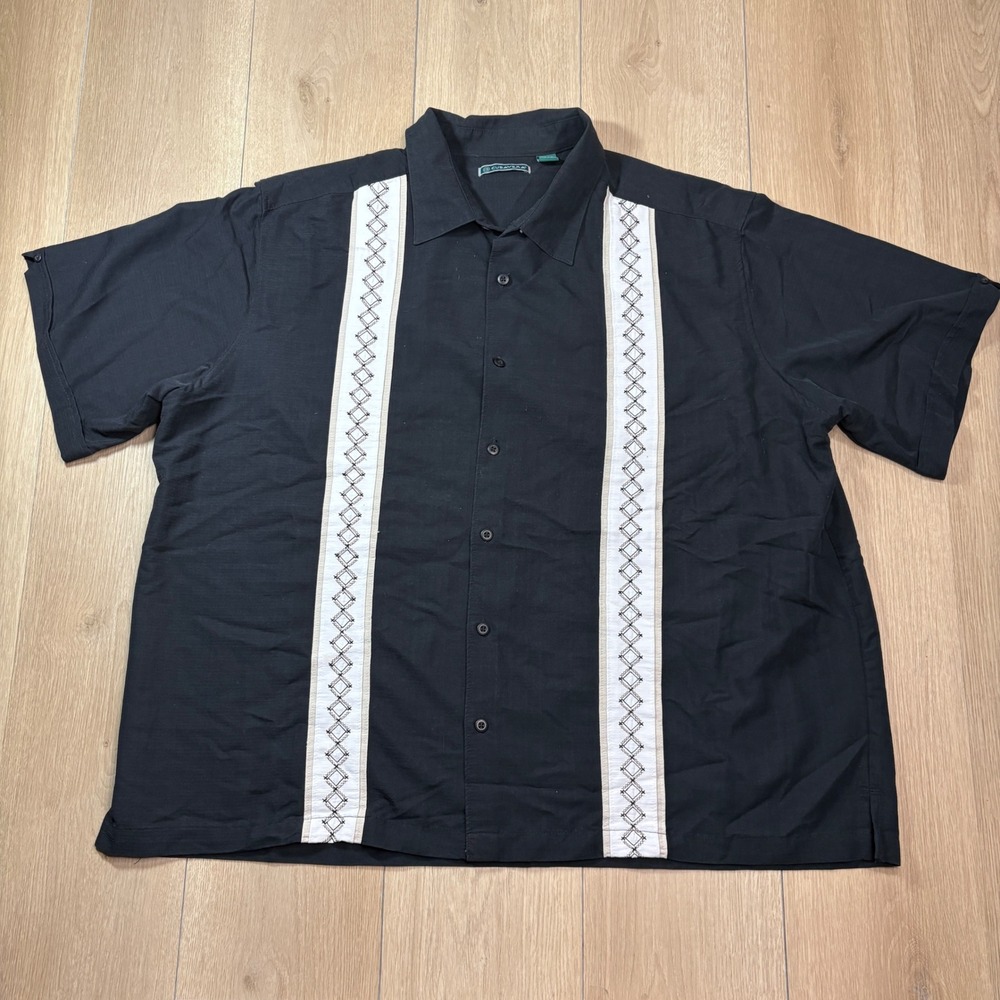 Cubavera Mens 2XL Black Embroidered Panel Short Sleeve Camp Shirt Rayon Blend
